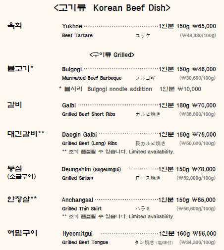 우래옥 메뉴 안내