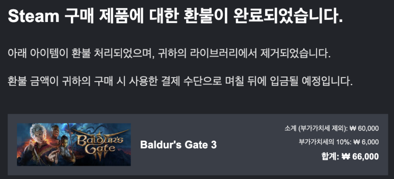 Steam에서 66,000원 환불 처리 완료를 안내한 화면