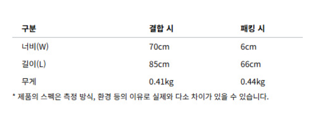 퍼스널 쉐이드의 크기와 무게 스펙표