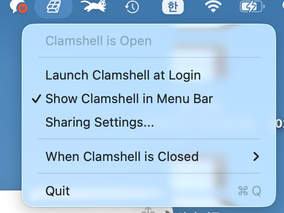 Clamshell 메뉴 막대와 덮개 닫힘 설정