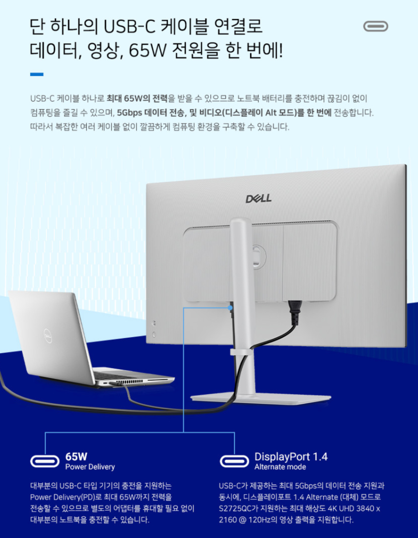 S2725QC USB-C 연결과 전력 공급 안내