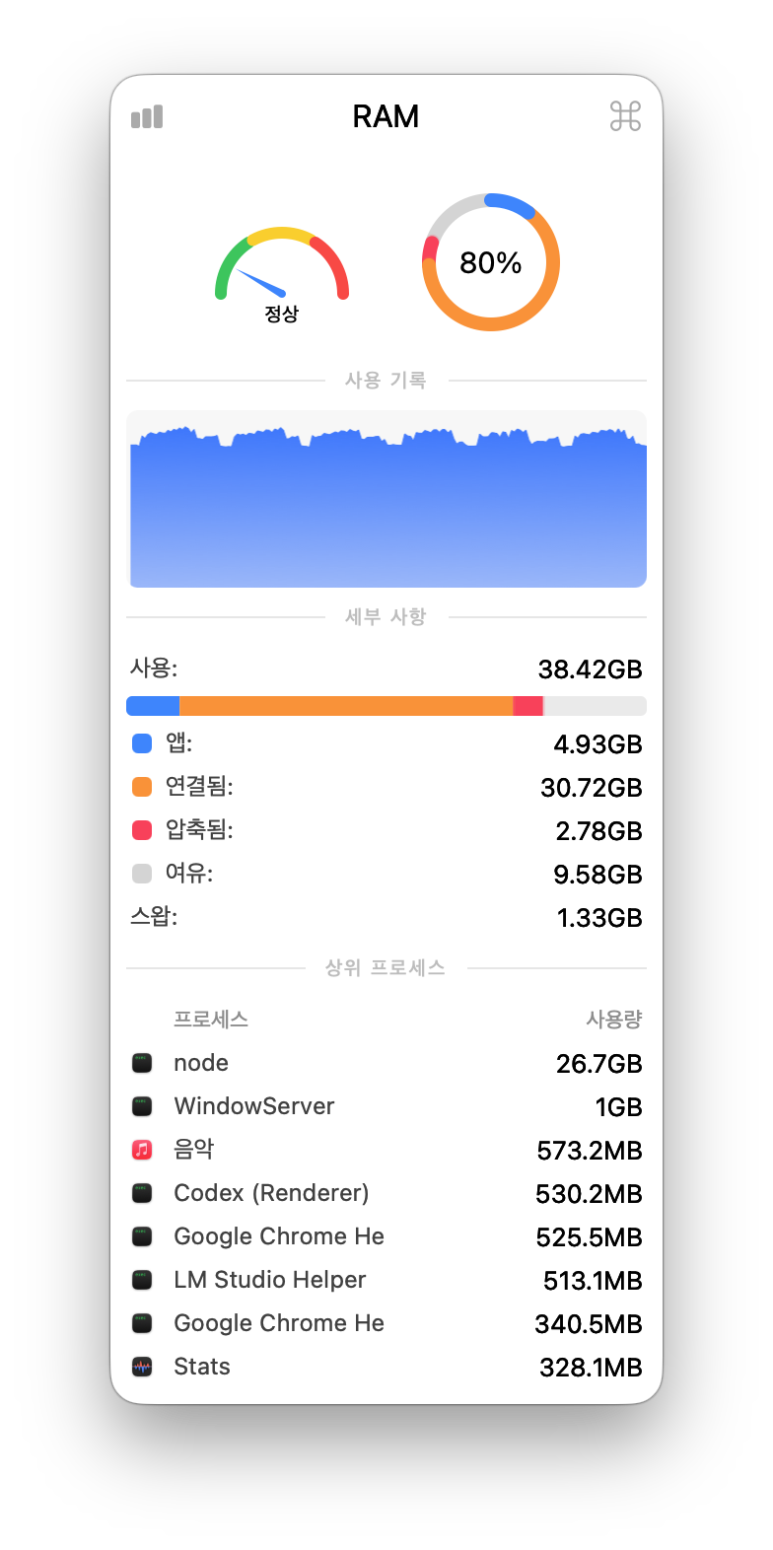 RAM 사용량이 높지만 메모리 압력이 녹색인 Stats 화면